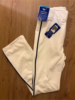 NWT Mizuno White Baseball Pants with Navy Piping/Stripe + padding (YXXL)